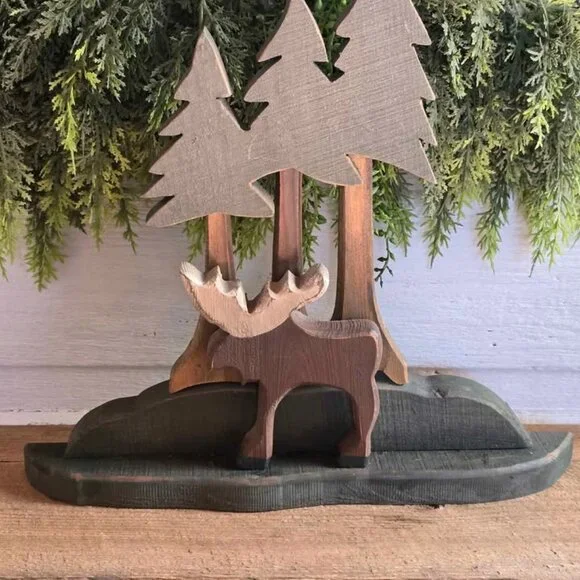 Wood Moose Tree Silhouette Figure Primitive Cabin Decor - Picture 5 of 5